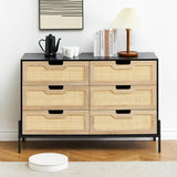 Garvee Rattan Dresser, 6-Drawer Tall Chest for Bedroom, Storage Organizer, Metal Slides, Anti-Tip, Natural Rattan, Easy Assembly - Black + oak