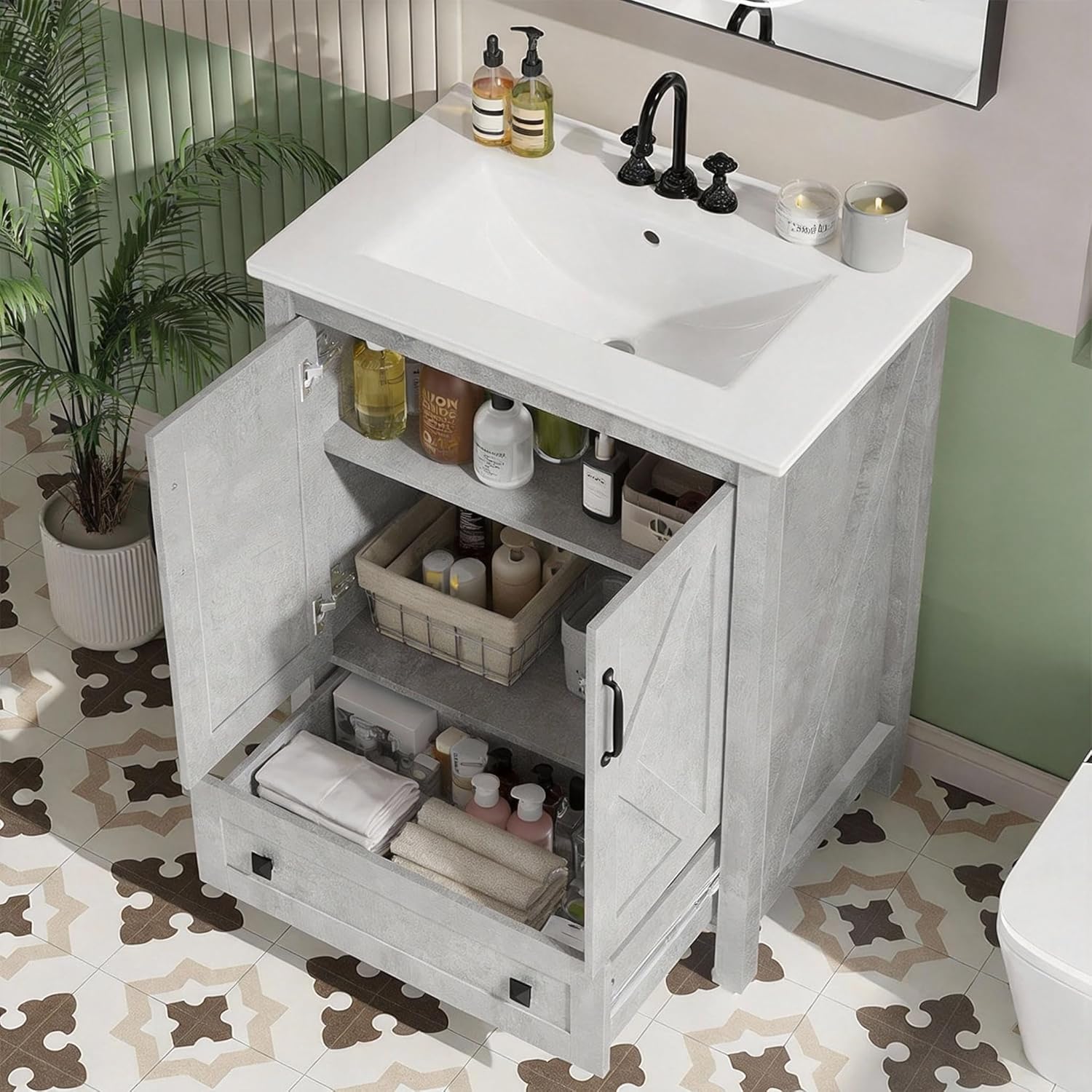 Garvee Modern 30" Freestanding Bathroom Vanity with with 2 Doors and Storage Drawer for Bathroom, Grey
