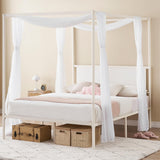 Garvee Queen Size Canopy Bed Frame, White Four-Poster Platform Metal Bed Frame with Storage, Mattress Foundation with Headboard and Wooden Slats Support, No Box Spring Needed, Easy Assembly - White