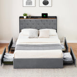 Garvee Queen Size Bed Frame with 4 Storage Drawers and Charging Station, Grey Velvet Upholstered Platform Bed Frame with Storage Headboard and Wooden Slats Support, No Box Spring Needed - Gray