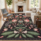 Garvee Washable 9x12 Area Rug Vintage Floral Botanical Rug Non Slip Soft Low Pile Indoor Carpet for Living Room Bedroom - Purple-Black