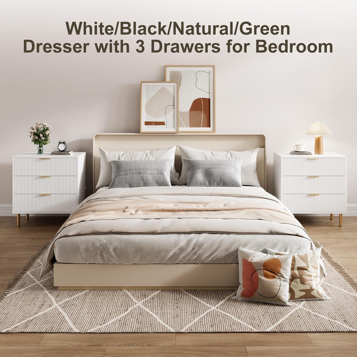 Garvee 3 Drawer Dresser for Bedroom, Modern Wood Storage Chest with Gold Metal Handles, Anti-Tipping Design, Large Nightstand Organizer for Entryway, Hallway, Living Room, White
