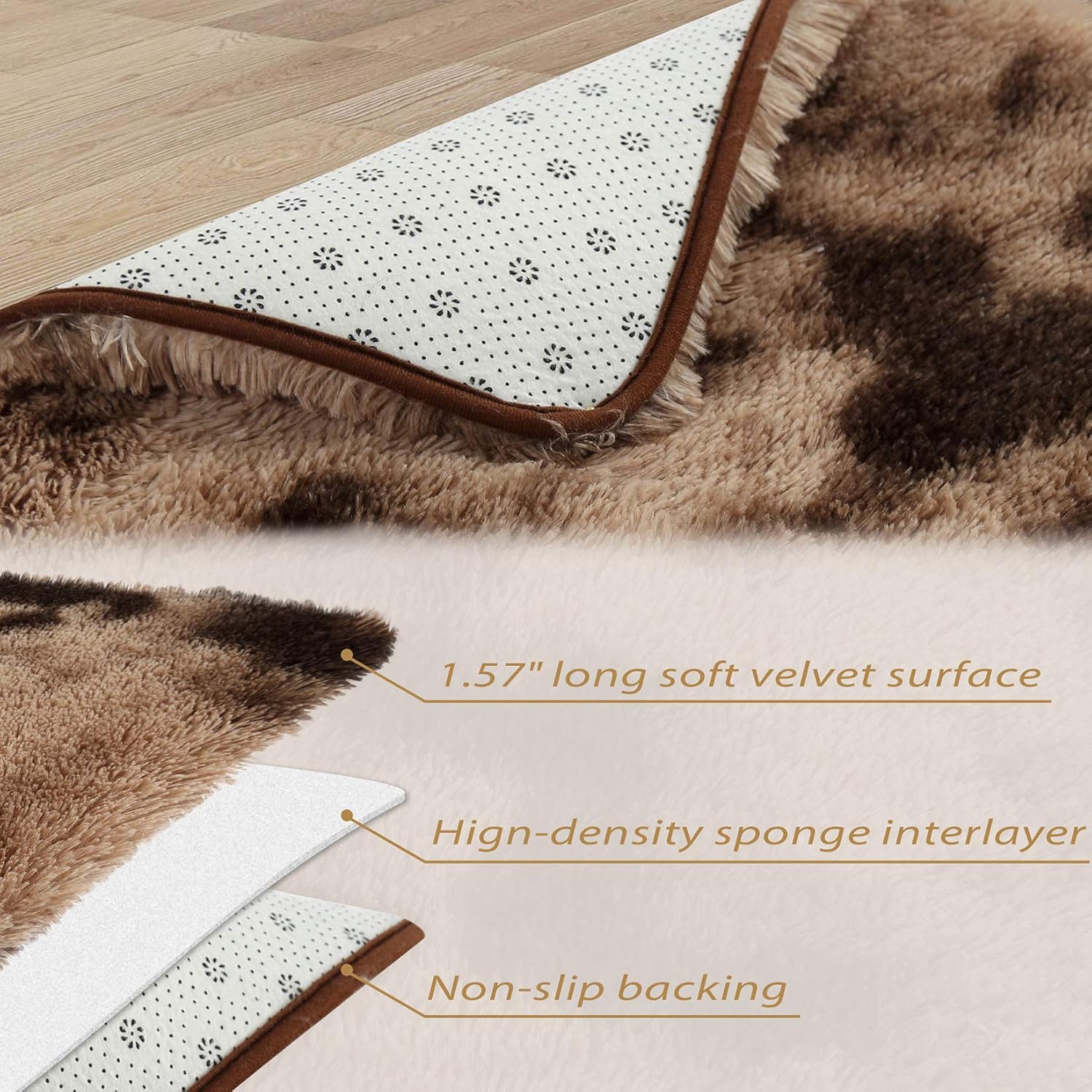 Garvee Fluffy & Sheepskin Brown & Khaki 6x9 Faux Fur Shag Rug, Non-Slip Tie Dye Plush for Bedroom Home Decor Nursery