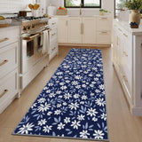 Garvee 2x6 Washable Foldable Rug Modern Floral Pattern Mat - Non Slip, Low Pile, Reinforced Edges, Stain Resistant, Easy Care Carpet for Living Room, Bedroom, Bathroom, Kitchen, Entryway, Hallway - Blue - Navy Blue