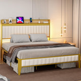 Garvee King Size Modern Platform Bed Frame with Charging Station, LED Lights, Metal Frame, Storage Headboard, Easy Assembly, Grey - Grey