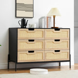 Garvee Rattan Dresser 6-Drawer Tall Dresser for Bedroom with Storage Organizer Units, Oak Color, Smooth Metal Slides, Anti-Tip Device, Natural Rattan Material, Easy to Assemble - Wood Color