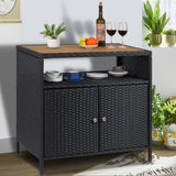 Garvee Patio Bar Table with 2-Door and Shelf,Patio Outdoor Wicker Storage Cabinet with Shelf,Powder Coated Steel,All Weather Resin Wicker,Patio Pool Garden Kitchen,Brown - Black+Brown