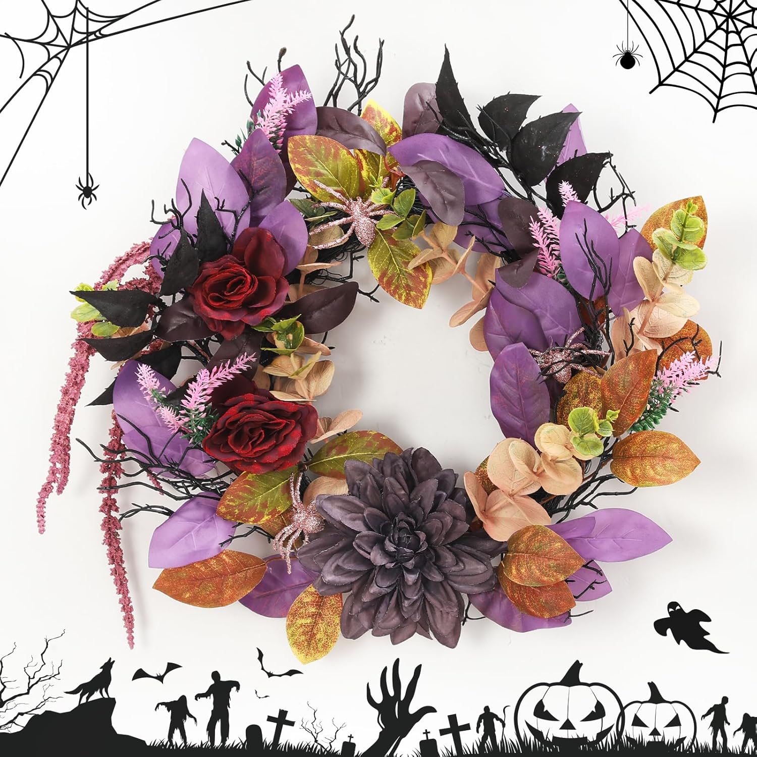 Garvee 18 Inch Halloween Wreath, Halloween Garland with Artificial Roses & Spiders, Indoor Outdoor Holiday Accent Decoration for Front Door Porch Wall Home Party Window, Red & Purple