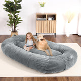 Garvee Dog Bed for Adult, Human Size Giant Dog Bed for Men and Women, 71”x48”x14” Human Dog Lazy Sofa Bed for People and Pets, Washable Strip Flannel Nap Bed Adult Oval, Human-Sized Dog Bed,Light Grey - Light Grey