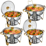 Garvee Round Chafing Dish Set of 4, 5 QT, Stainless Steel Buffet Server Food Warmer with Transparent Lid & Fuel Holder, Gold for Party Wedding Restaurant