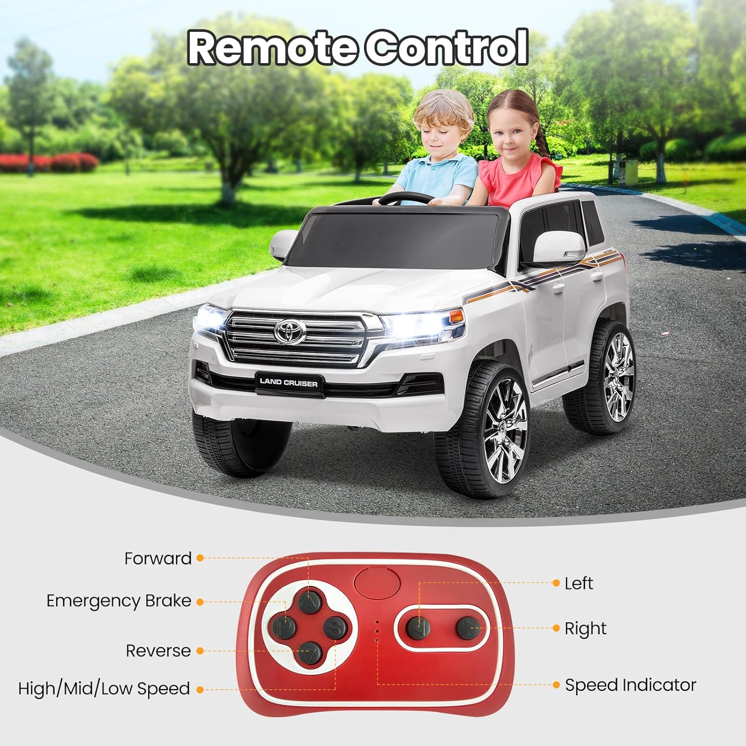 Garvee Ride - P Series: 12V Toyota Land Cruiser Kids' Car: Remote, LED, 3 Speeds, Dual 45W Motors, USB Music, Seat Belt, CPC & ASTM Approved - White