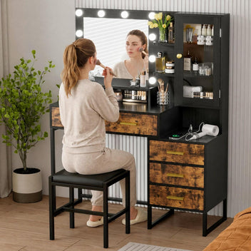Garvee Vanity and Stool with Mirror and Lights, Wooden Vanity Desk with Charging Station, Black Makeup Table with Drawers and LED Bulbs