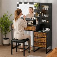 Garvee Vanity and Stool with Mirror and Lights, Wooden Vanity Desk with Charging Station, Black Makeup Table with Drawers and LED Bulbs