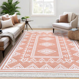 Garvee Boho Washable Area Rug, Non-Slip Moroccan Tribal Carpet with Tassels, Stain-Resistant Farmhouse Geometric Floor Cover, Pink - Pink