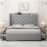 Garvee Full Bed Frame with 4 Storage Drawers, Type-C & USB Charging Ports, Upholstered Wingback Headboard, Metal Frame, Easy Assembly, Modern Style, Bedroom - Light Gray