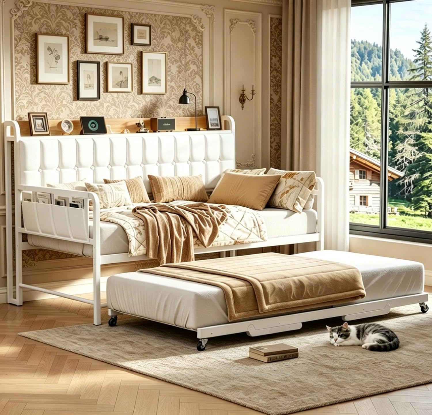 Garvee Daybed with Trundle, Twin Bed Frame with LED Light & Charing Station, Sofa Bed with Upholstered Storage Headboard and Heavy Duty Metal Slats, for Living Room, Bedroom, Guest Room, Gray/Beige