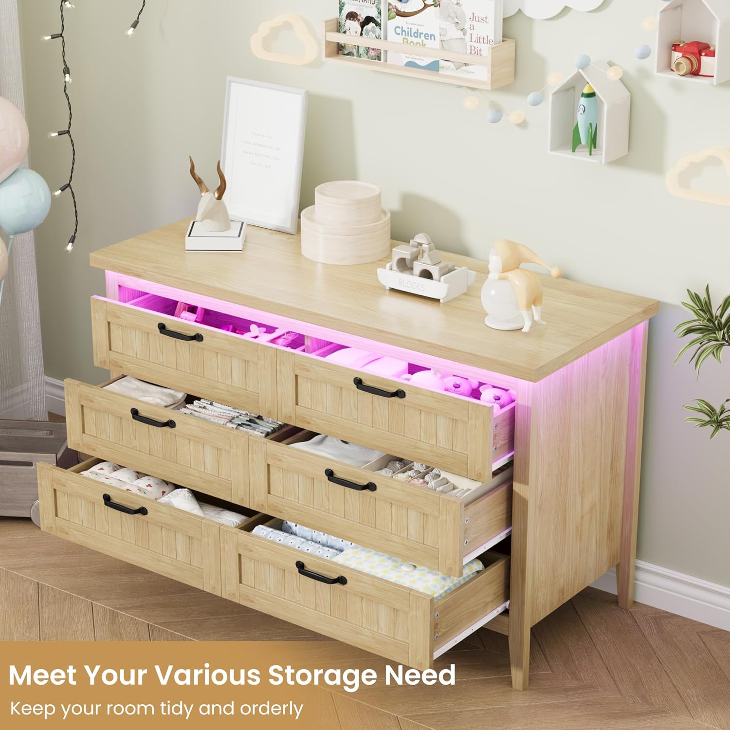 Garvee 6 Drawer Dresser with Power Outlet, Natural Dresser with LED Light, Modern Chest of Drawers for Closet, Double Wide Drawer Organizer Cabinet for Bedroom, Living Room