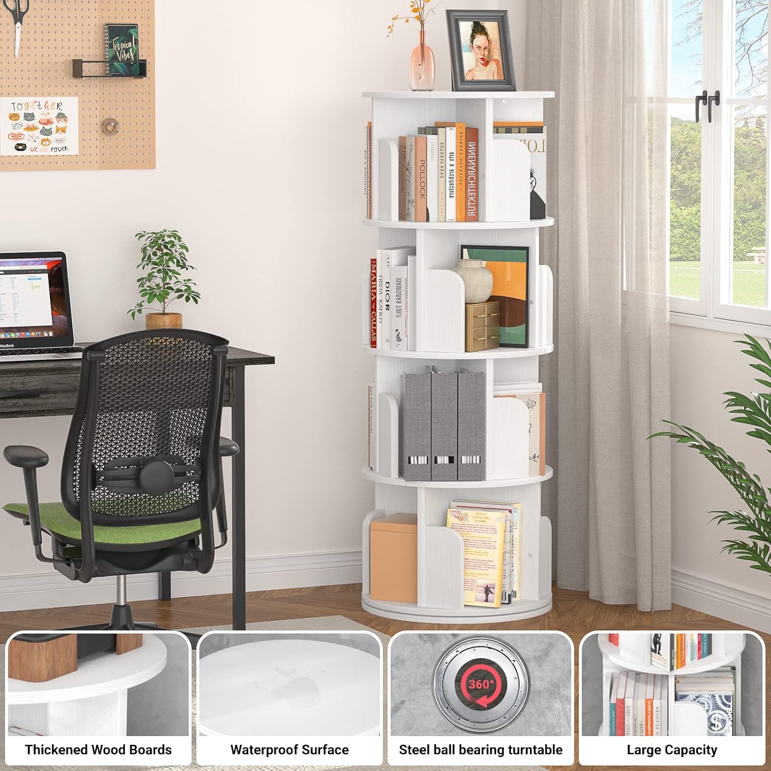Garvee Rotating Bookshelf, 51.2" White Wood Bookcase for Kids and Adults, 360 Display 4 Tier Small Corner Book Shelf Organizer, Floor Standing Storage Rack for Bedroom, Living Room, White