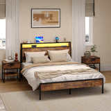 Garvee Full Size Bed Frame with Headboard, Full Size Metal Platform Bed Frame with USB Charging Station & Power Outlets/Metal Slats Support/No Box Spring Needed - brown