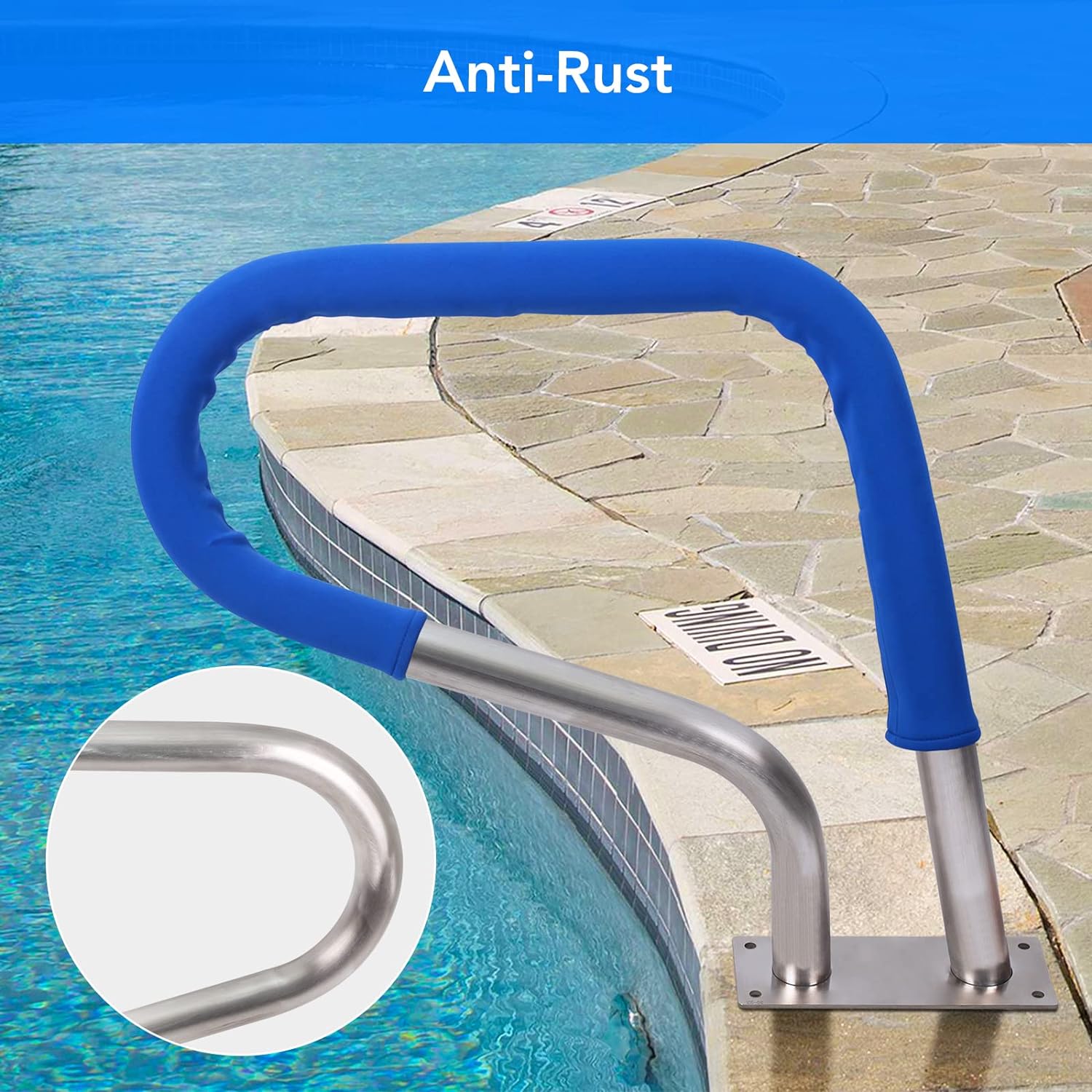 Garvee 32"x23" Stainless Steel Pool Handrail - Rustproof 304 Steel, 250 lbs Load Capacity with Blue Grip Cover for Inground Swimming Pools