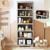 Garvee 6 Tier Bookshelf, 75" Tall Farmhouse Bookcase with Adjustable Shelves, 23.6" W Floor Standing Open Display Storage Rack with Anti-Slip Design for Home Office, Balcony, Library, Study / Living Room, Gray