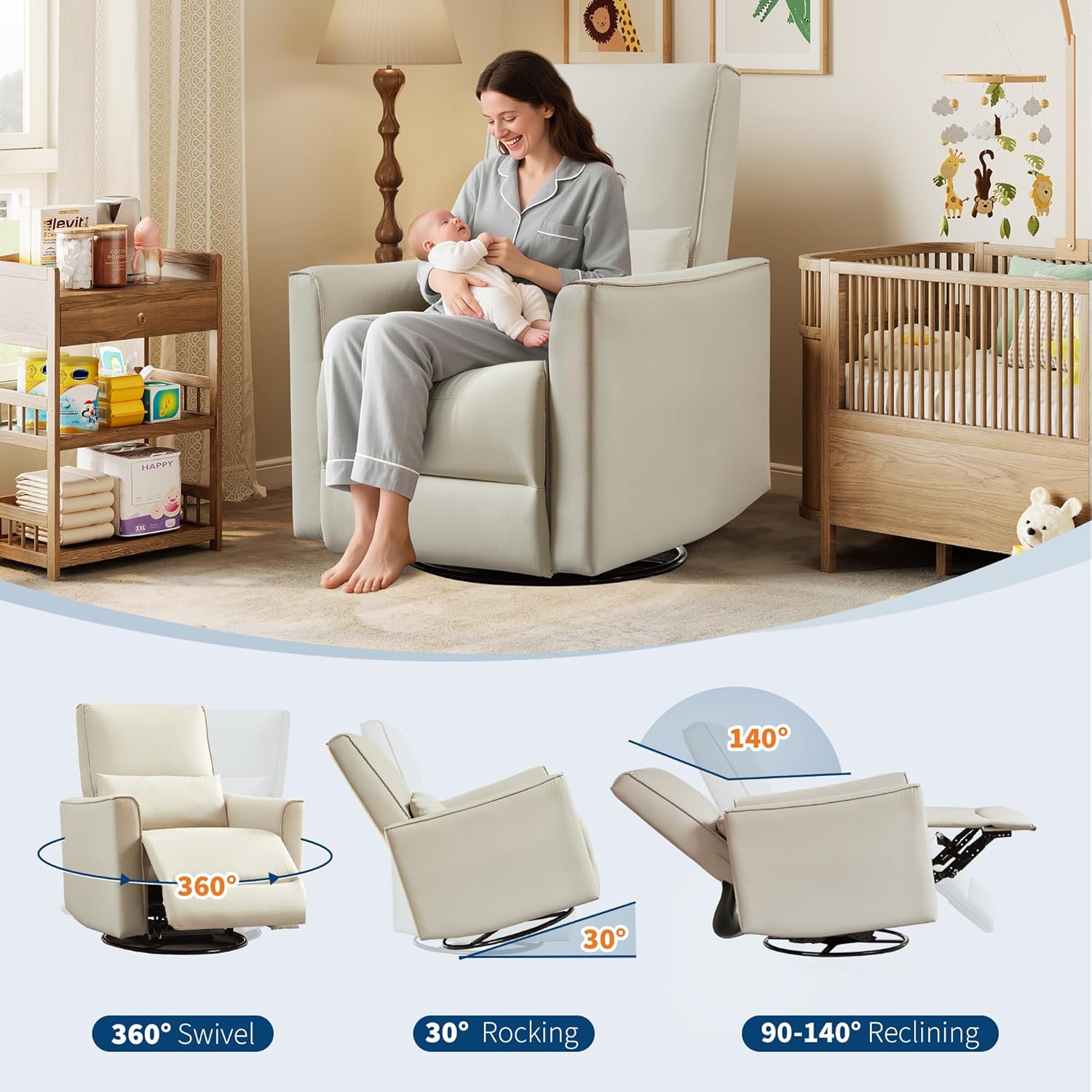 Garvee Swivel Rocking Manual Recliner Chair for Adults, Rocker Recliner Glider Deep Seat PU Leather Sofa Chair with High Backrest for Nursery, Living Room, Bedroom & Home Movie Theater, Beige
