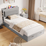 Garvee Twin Size Bed Frame with Wooden Slat Support, Wooden Platform Bed Frame with 2-Tier Storage Headboard and 2 Drawers, Upholstered Headboard, No Box Spring Needed, Light Grey