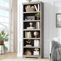 Garvee 6 Tier Bookshelf, 75" Tall Farmhouse Bookcase with Adjustable Shelves, 23.6" W Floor Standing Open Display Storage Rack with Anti-Slip Design for Home Office, Balcony, Library, Study / Living Room, Gray