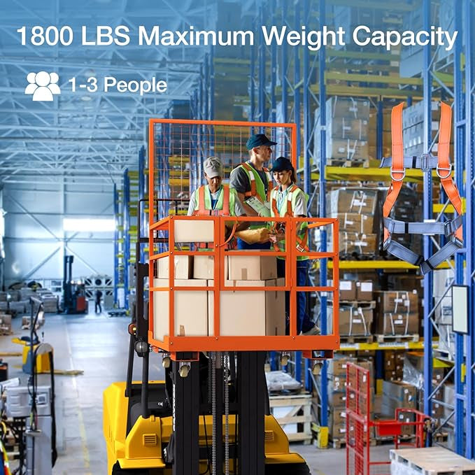 Garvee 43x45 Inch Forklift Safety Cage, 1800LBS Capacity Forklift Man Basket Work Platform with Guardrail and Safety Lock for 1-3 People, 2 Wheels with Brakes and 2 Wheels Without Brakes