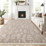 Garvee Washable 5x7 Rugs for Living Room Floral Scalloped Bedroom Area Rug, Non-Slip Dining Table Solid Neutral Throw Mat, Botanical Area Rug Carpet for Entry Basement Dorm Farmhouse，Taupe - Light Brown