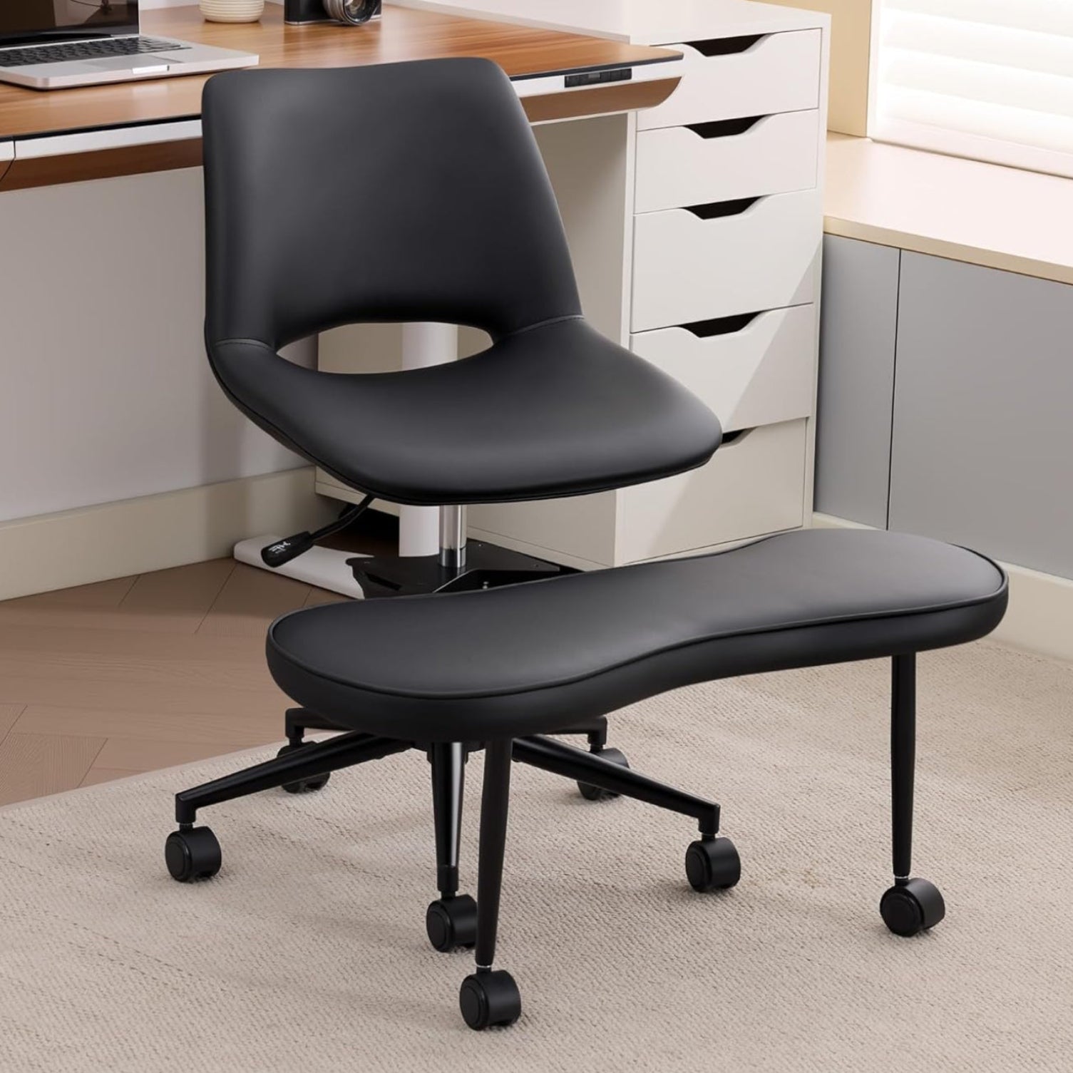 Garvee Ergonomic Kneeling Chair, Cross Legged Office Chair with Wheels & Lumbar Support, Wide Criss Cross Chair, Adjustable Height Meditation Yoga Chair for ADHD & Desk Work, Black
