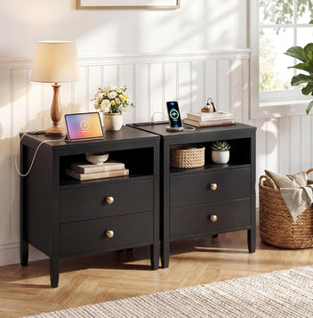 Garvee Farmhouse Nightstand Set of 2, Night Stand with Charger Station, Wood Night Stand with 2 Drawers & Open Shelf, Mid Century Modern Nightstand, Black Nightstand for Bedroom, Office, Living Room