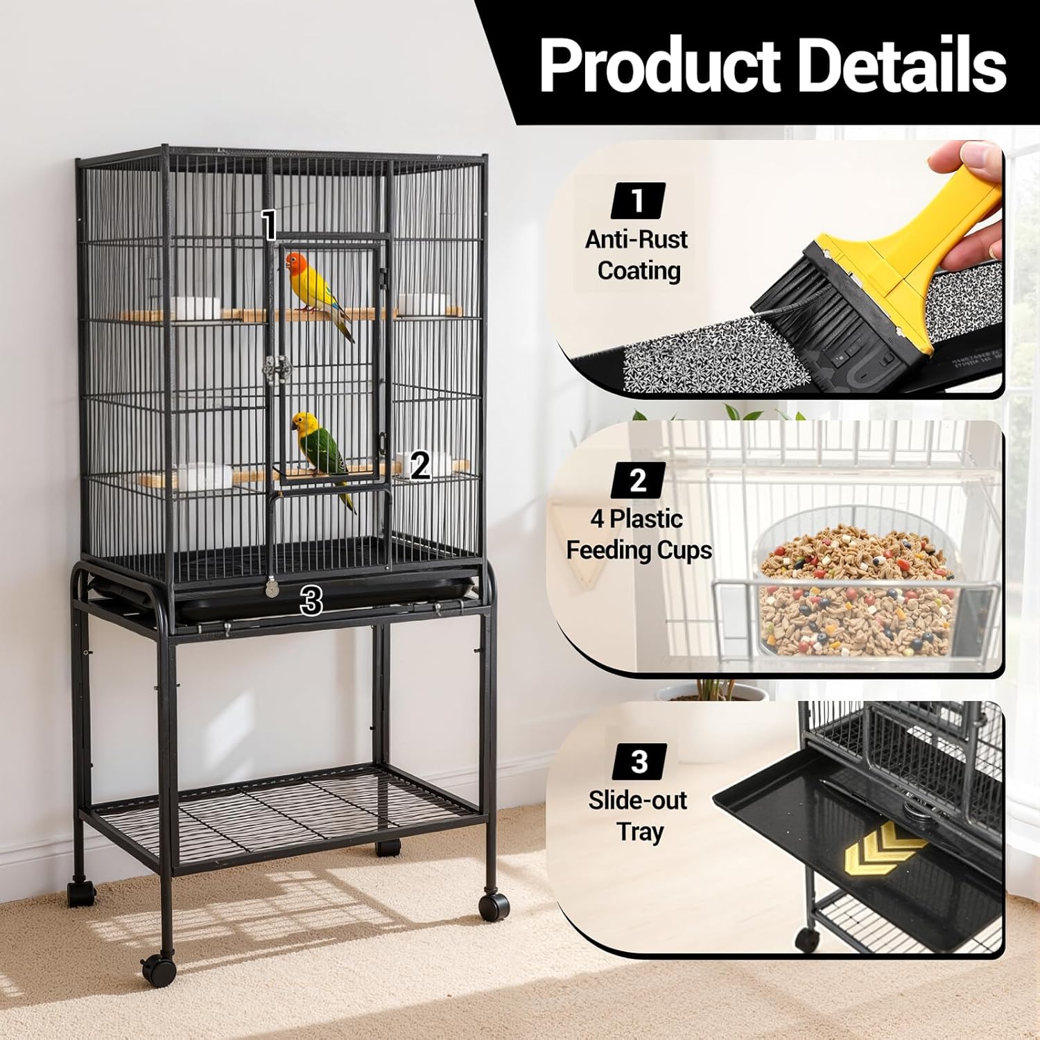 Garvee Bird Cage with Wheels, 53 Inch Bird Flight Cage, Wrought Iron Standing Large Parrot Parakeet Flight Birds Cages with Slide Out Tray Parrot Metal Parakeet Cages with Wooden Perches Black