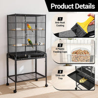 Garvee Bird Cage with Wheels, 53 Inch Bird Flight Cage, Wrought Iron Standing Large Parrot Parakeet Flight Birds Cages with Slide Out Tray Parrot Metal Parakeet Cages with Wooden Perches Black
