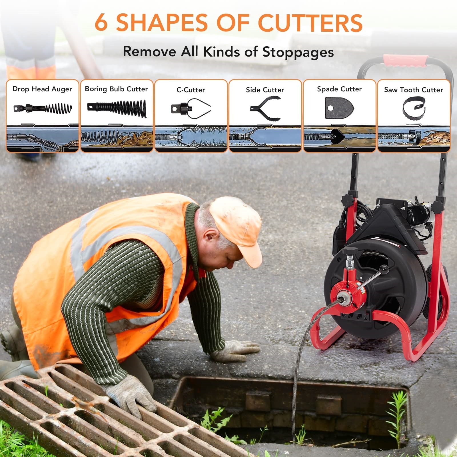 Garvee 100Ft x 3/8 Inch Drain Cleaner Machine, Auto-feed Electric Drain Auger Professional 6.8A, Air-Activated Foot Switch, with 6 Cutters, Glove, Drain Auger Cleaner Sewer Snake