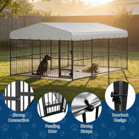 Garvee Outdoor Heavy Duty Large Dog Kennel, Walk-in Dog Cage with Metal Gate & Secure Lock, Large Dog Enclosure with Waterproof Roof, Includes Feeding Doors & Bowls for Backyard, 10x15x6 ft