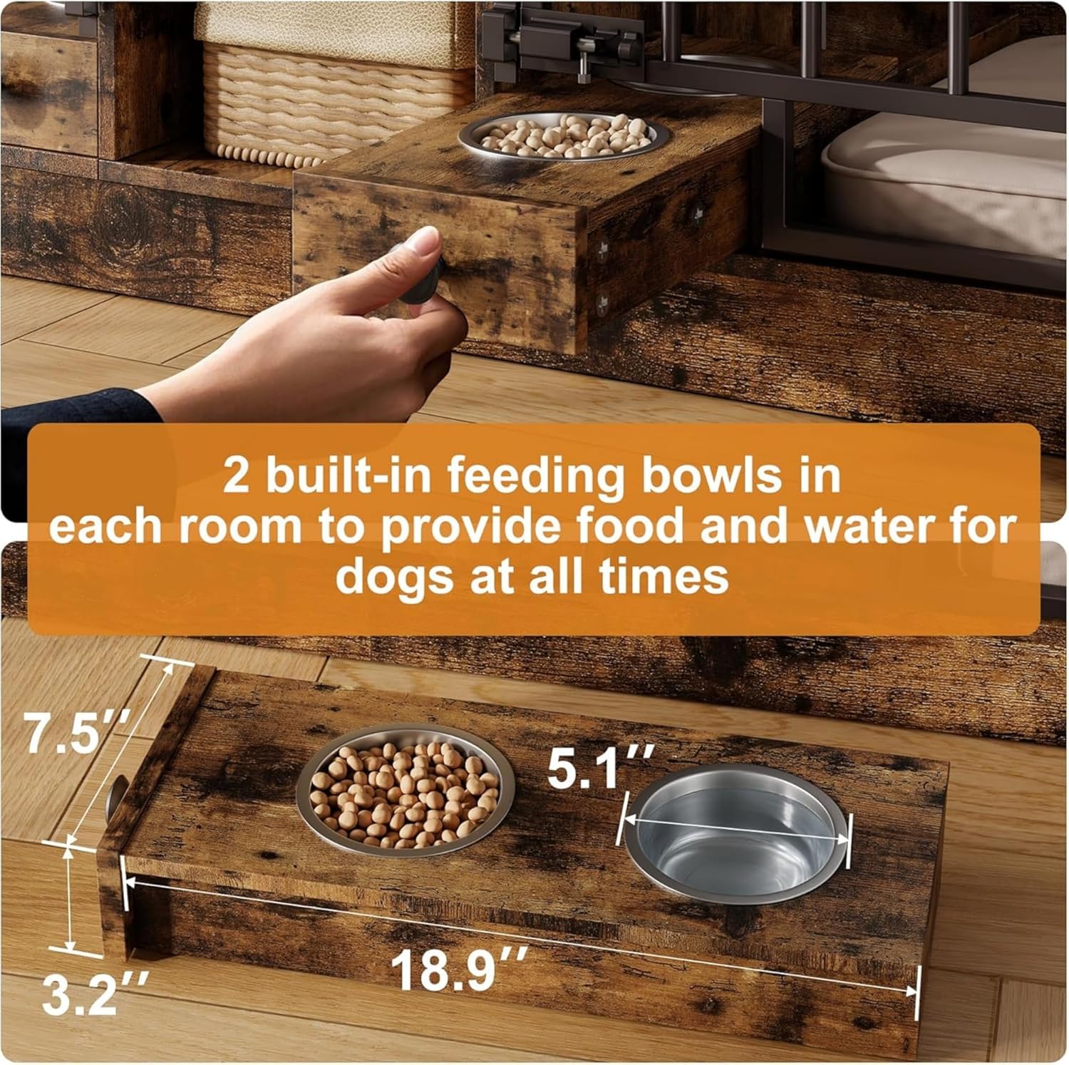 Garvee Dog Crate Furniture for 2 Dogs, 78.7" Large Dog Kennel Indoor with 2 Storage Drawers, 3 Shelves and Feeding Bowls, Double Dog Crate TV Stand for Small and Medium Dogs, Brown