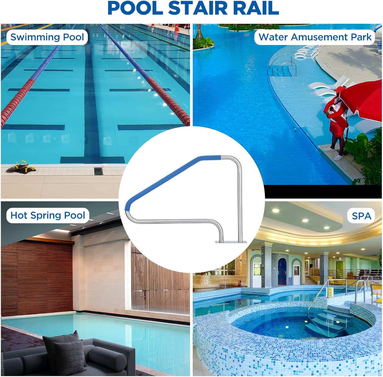 Garvee Pool Handrail 50x36 Pool Rail 304 Stainless Steel Silver Rustproof Pool Stair Rail with Blue Grip Cover Humanized Swimming Pool Railing, Quick Mount Accessories for Pools and Spas