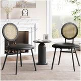 Garvee Dining Chairs Set of 2, Thicken Upholstered, Modern Black, Space Saving, Metal Legs, Natural Rattan, for Living Room - Black