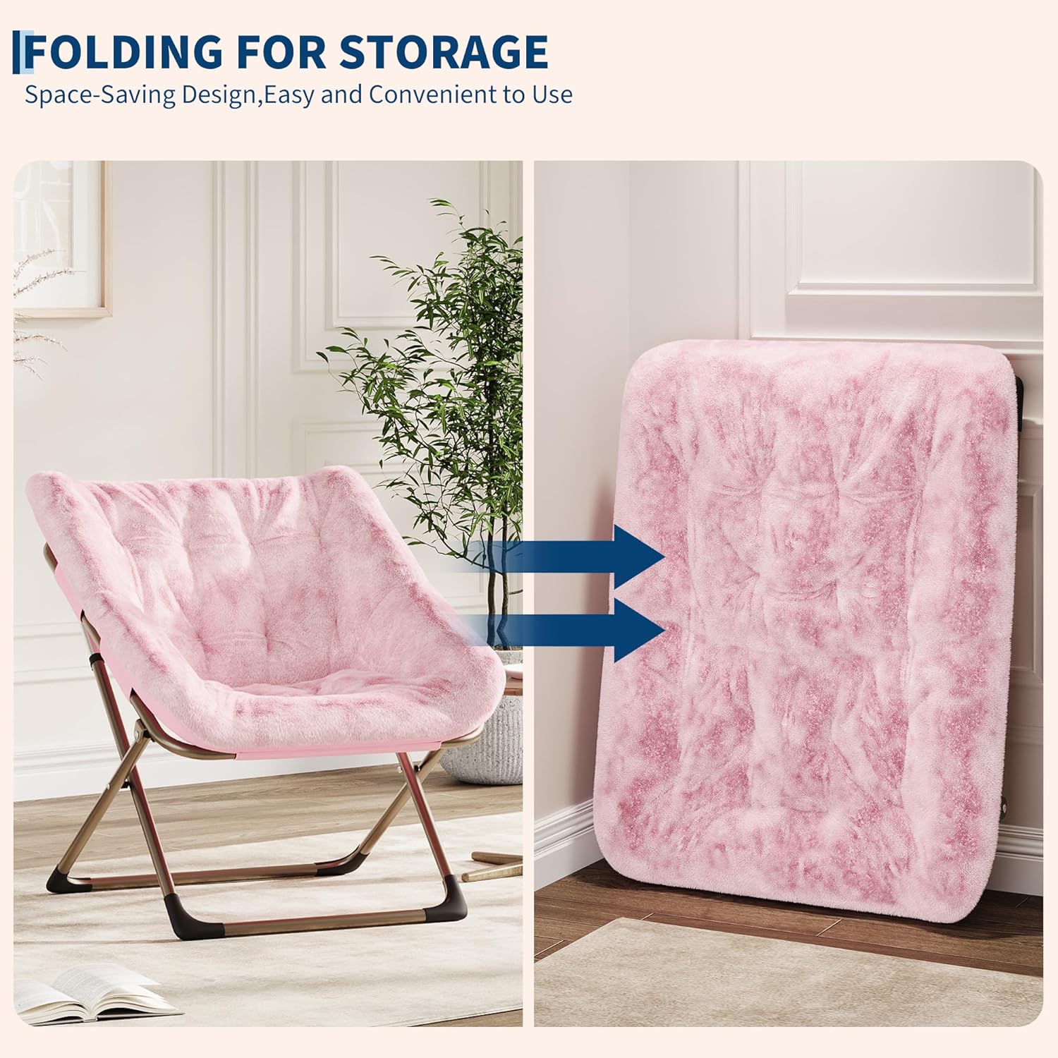 Garvee Folding Saucer Chairs for Adults, Comfy Faux Fur Lazy Chair with Metal Frame, 300 LB Capacity, No Assembly Required for Living Room, Bedroom, Dorms, Pink
