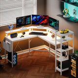 Garvee L Shaped Desk with Power Outlets & LED Lights, 62" Computer Desk with Full Monitor Stand & Storage Shelves, Corner Desk Gaming Desk, Ergonomic Home Office Desk, White - White