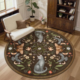 Garvee 5ft Round Cat Floral Area Rug, Washable Non-Slip Soft Low Pile Circle Rug, Vintage Botanical Animal Design for Bedroom, Living Room, Nursery, Playroom, Brown - Brown