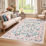 Garvee Washable Rug 6x9 Low Pile Farmhouse Floral Rug Non-Slip Soft Vintage Pink for Bedroom Dining Room Kitchen - Pink