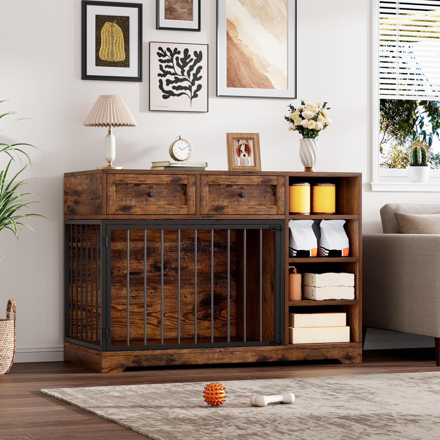 Garvee 47" Dog Crate Furniture Indoor with 2 Drawers & 4 Shelves, Large Dogs Kennel Furniture TV Stand, Wooden Dog Cage for Large Medium Dogs, Brown