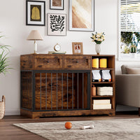 Garvee 47" Dog Crate Furniture Indoor with 2 Drawers & 4 Shelves, Large Dogs Kennel Furniture TV Stand, Wooden Dog Cage for Large Medium Dogs, Brown