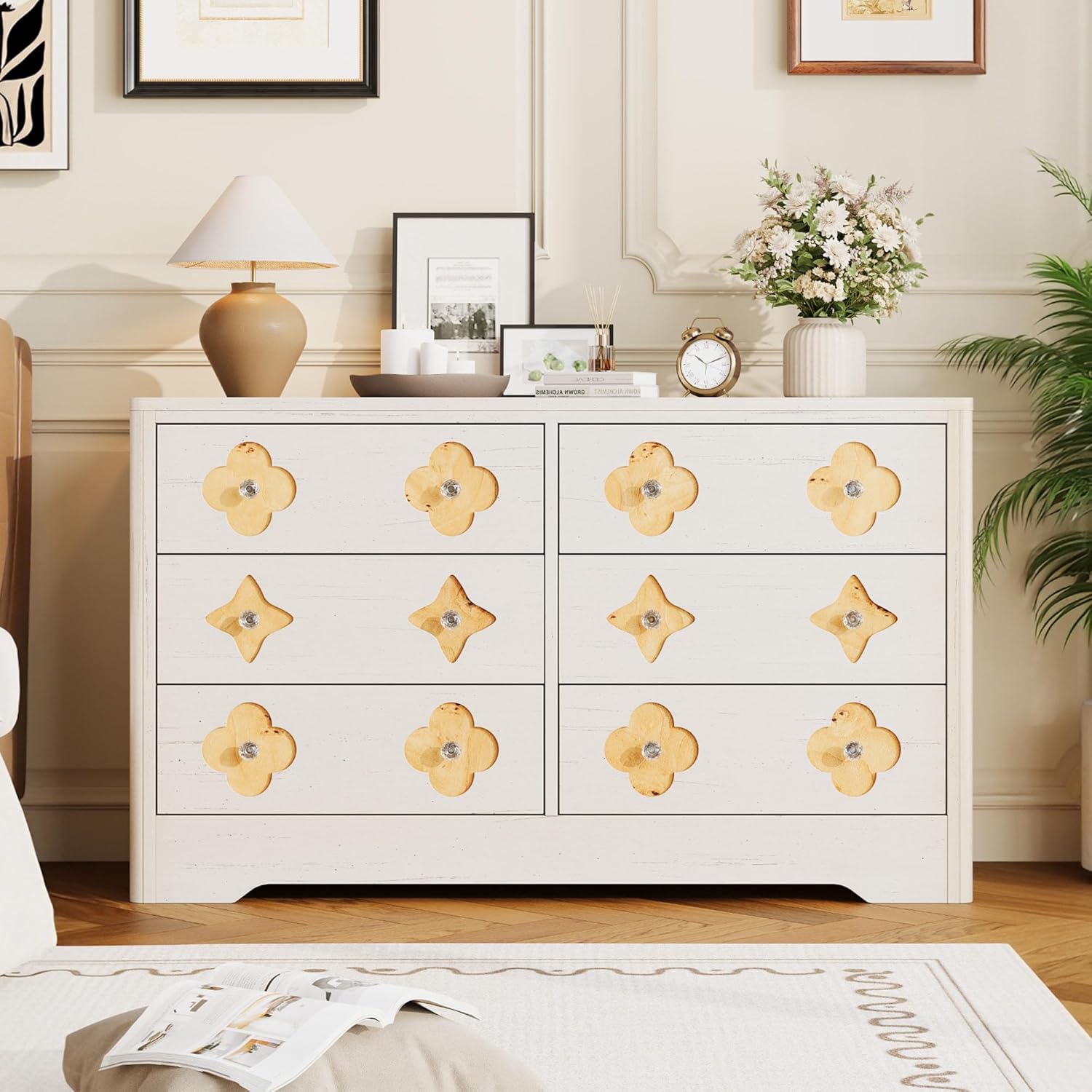 Garvee 6 Drawer Dresser for Bedroom, 47.2'' Wide Dresser, Boho Chest of Drawers, Wooden Chest with Clothes Storage Cabinet, Decorative Drawer Front Organizer for Bedroom, Living Room, White