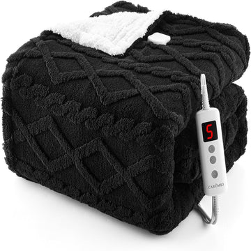 Garvee Electric Blanket Queen Size Dual Control - 10 Heat Levels, 10 Time Settings - Thick Tufted Sherpa - Fast Heating, ETL Certified - 84"×90", Black - Cozy Home Use