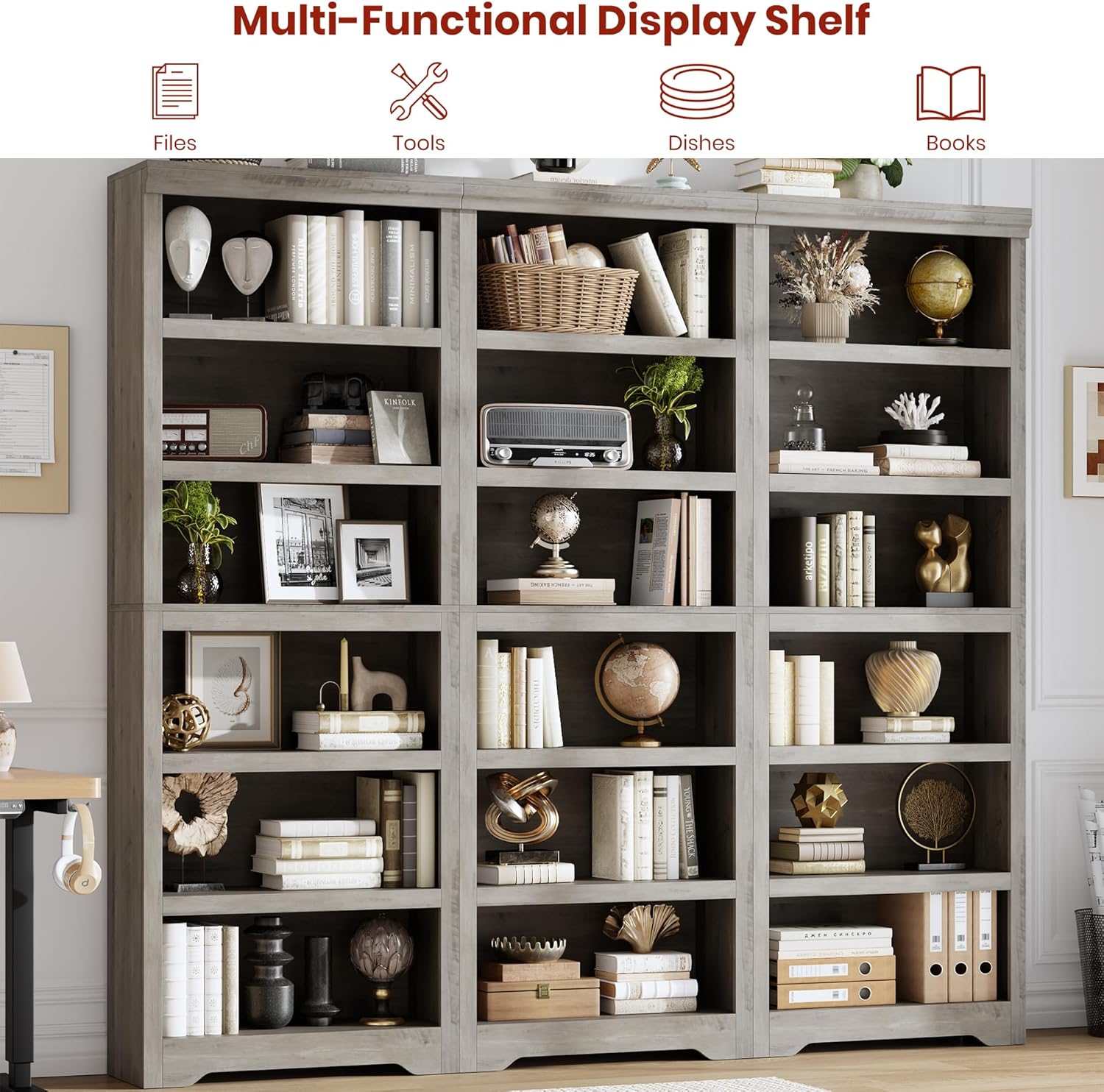 Garvee 6 Tier Bookshelf, 75" Tall Farmhouse Bookcase with Adjustable Shelves, 23.6" W Floor Standing Open Display Storage Rack with Anti-Slip Design for Home Office, Balcony, Library, Study / Living Room, Gray
