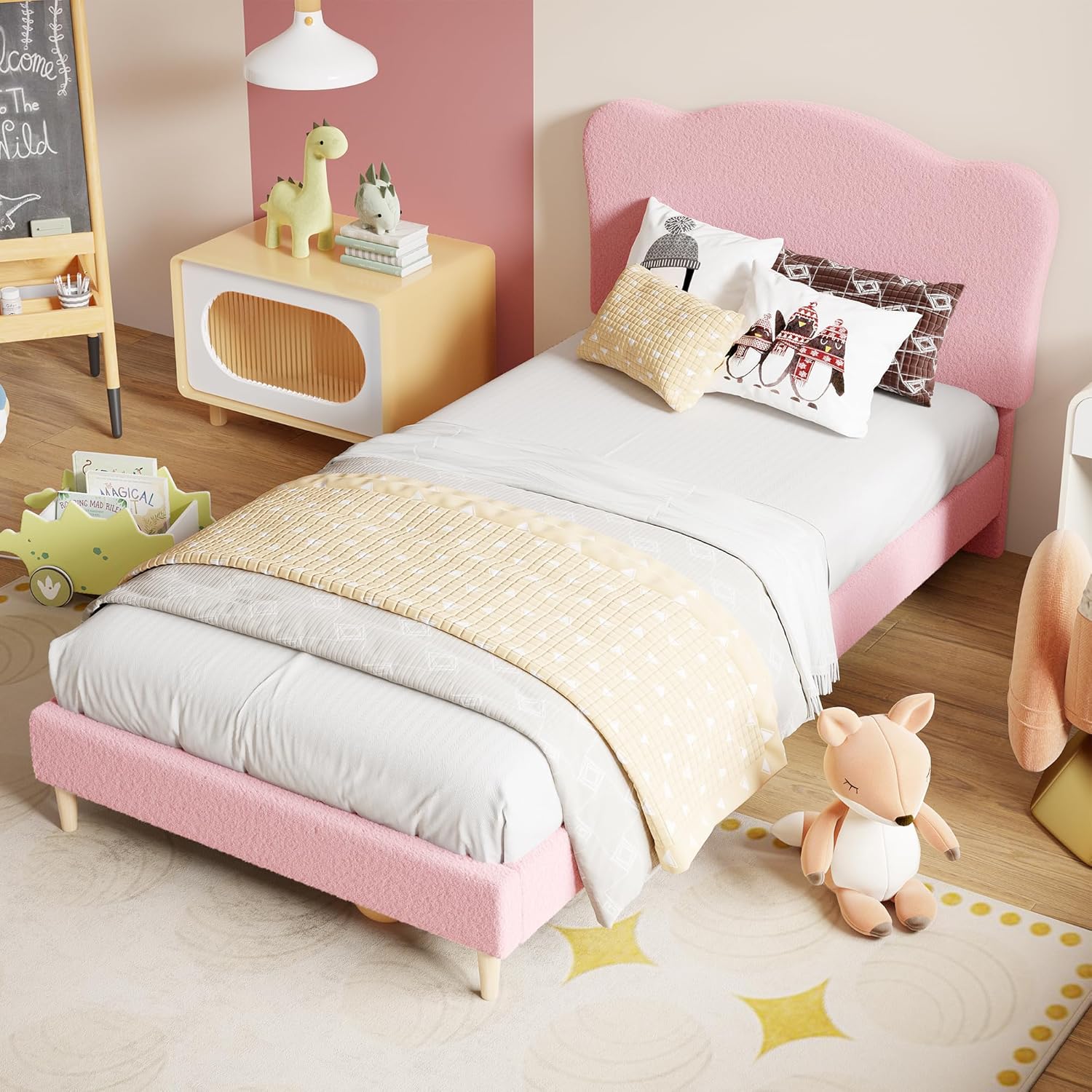 Garvee Twin Size Upholstered Bed Frame with Adjustable Crown Headboard, Velvet Princess Platform Bed, Heavy Duty, Solid Wood Slat Support, No Box Spring Needed, Easy Assembly, Pink