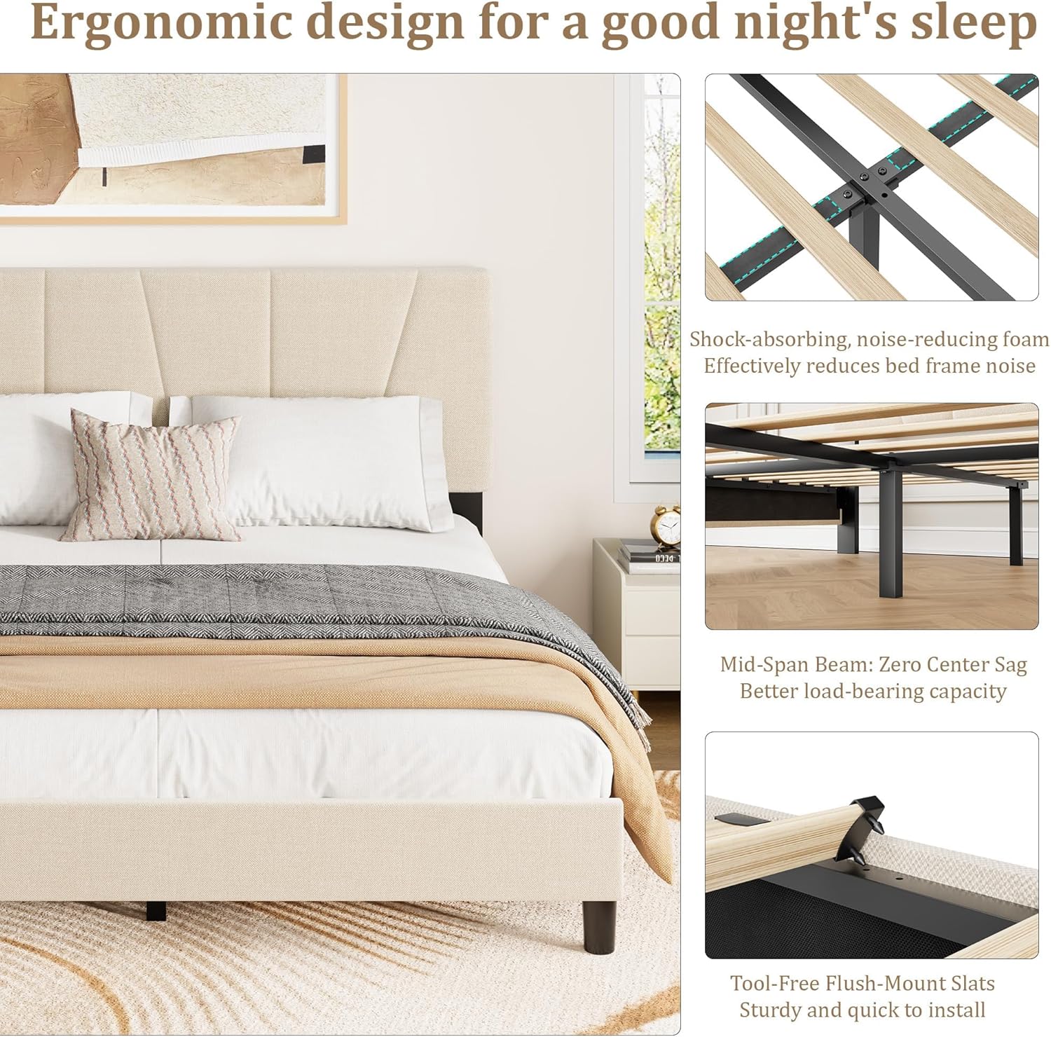 Garvee Full Size Bed Frame With Headboard Adjustable, Velvet Upholstered Full Platform Bed With Headboard, Mattress Foundation With Wooden Slats, No Box Spring Needed, Easy Assembly, Beige/Cream